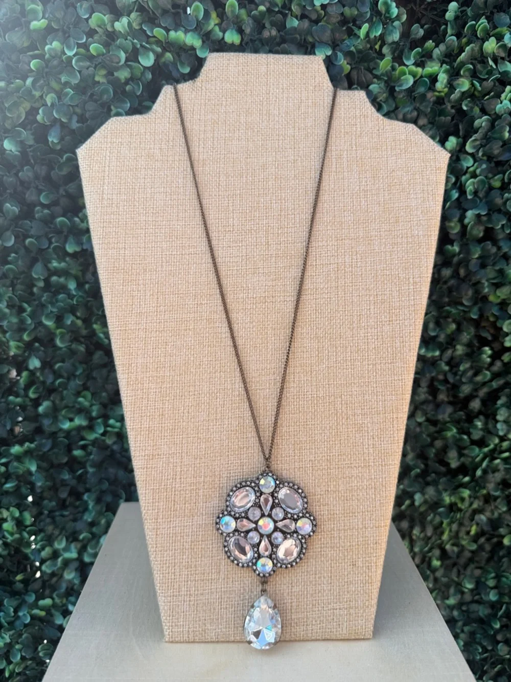 Crystal Teardrop Pendant Necklace - Iridescent Pink Accents